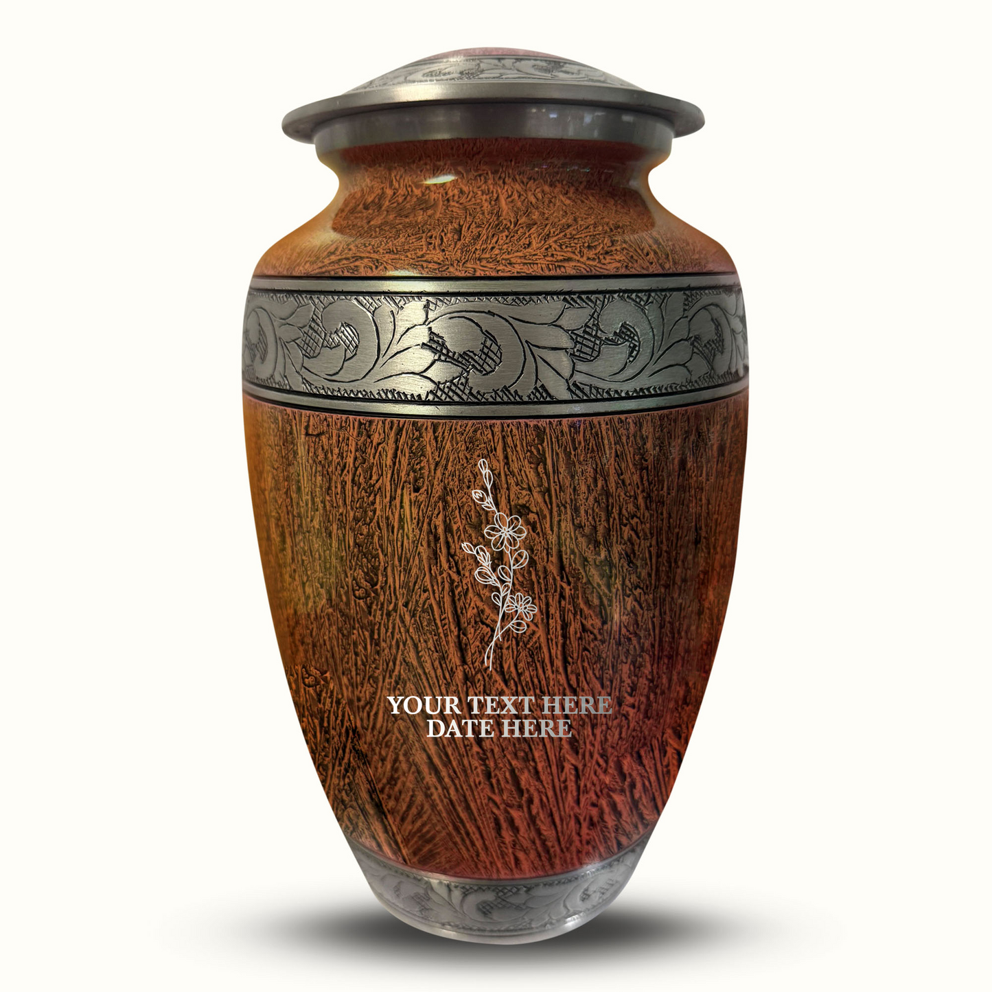Custom Large Cremation Urn for Human Ashes - Elevate Collection - Floral Design - Distressed Finish - 200 Cubic Inch