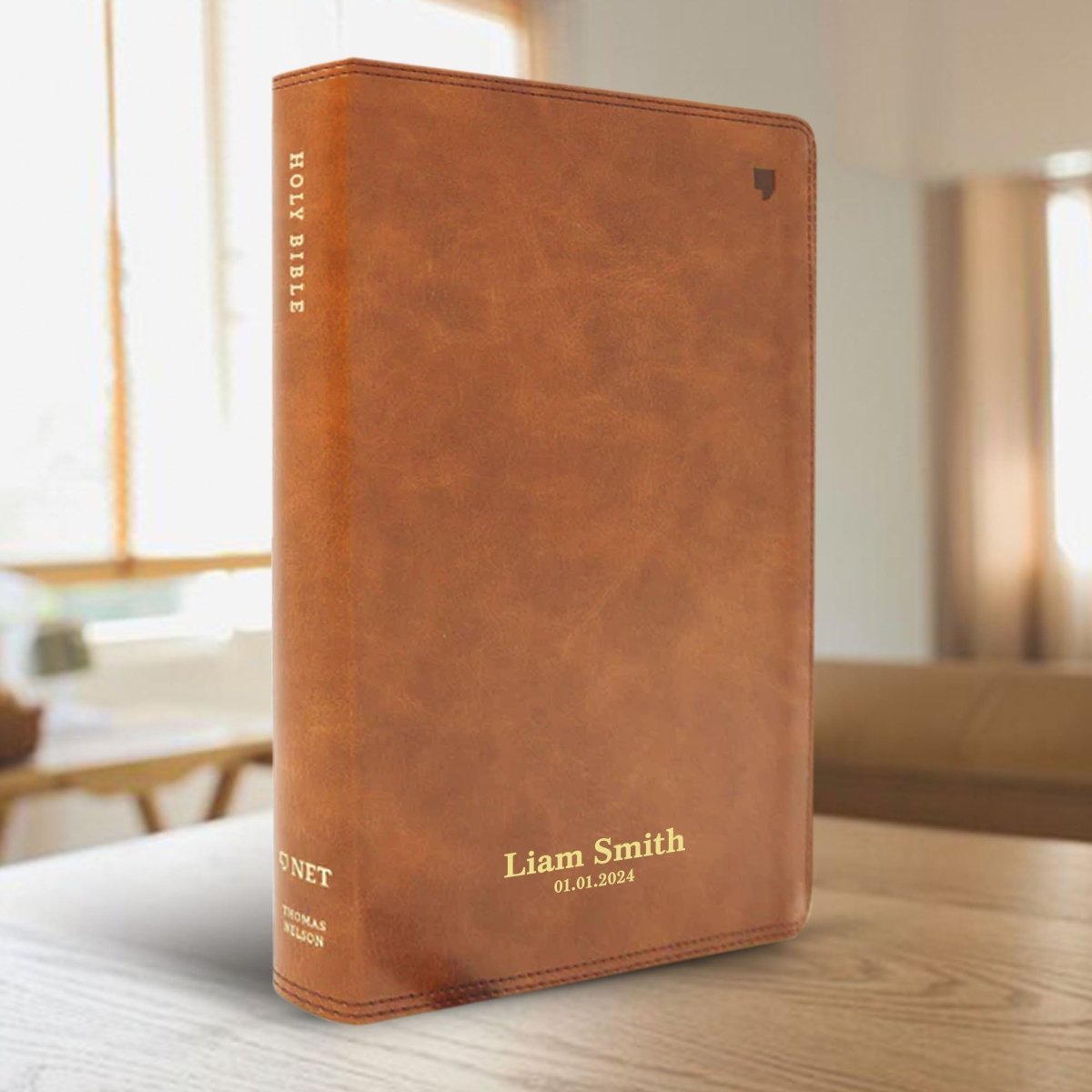 Personalized NET Holy Bible Custom with Your Name and Date | Medium Print Faux Leather New English Translation Bible with Index Tabs Brown | Shepherds Shelf - Shepherds Shelf