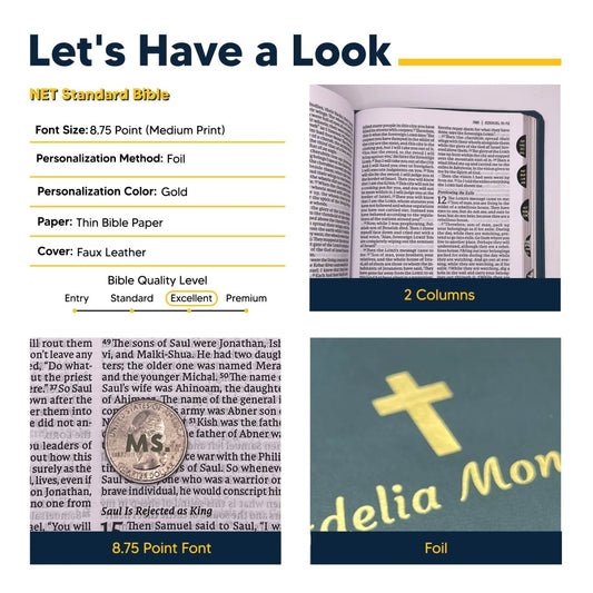 Personalized NET Holy Bible Custom with Your Name and Date | Medium Print Faux Leather New English Translation Bible with Index Tabs Teal | Shepherds Shelf - Shepherds Shelf