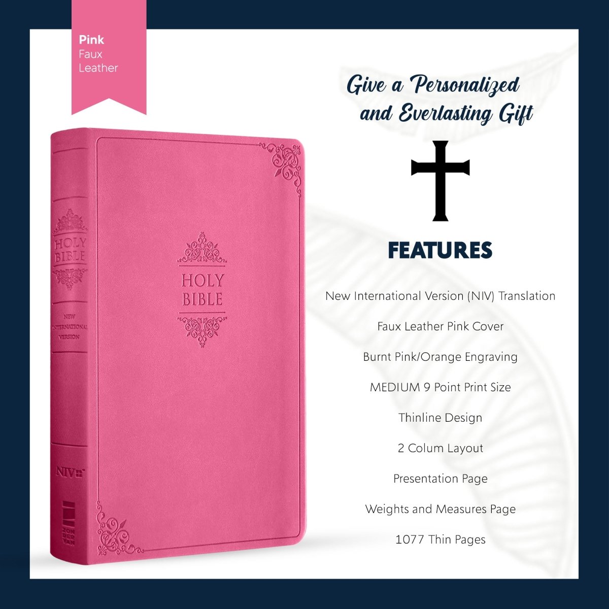 Personalized NIV Thinline Holy Bible Medium Print Size Custom Engraved | Includes Name and Up to 3 Rows of Text on Faux Leather Cover PInk | Shepherds Shelf - Shepherds Shelf