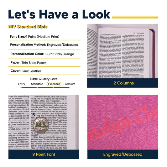 Personalized NIV Thinline Holy Bible Medium Print Size Custom Engraved | Includes Name and Up to 3 Rows of Text on Faux Leather Cover PInk | Shepherds Shelf - Shepherds Shelf