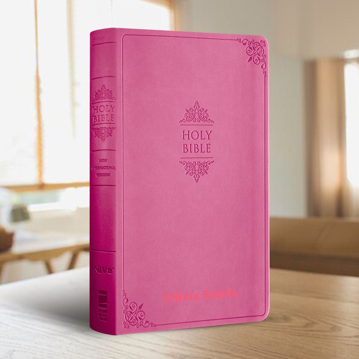 Personalized NIV Thinline Holy Bible Medium Print Size Custom Engraved | Includes Name and Up to 3 Rows of Text on Faux Leather Cover PInk | Shepherds Shelf - Shepherds Shelf