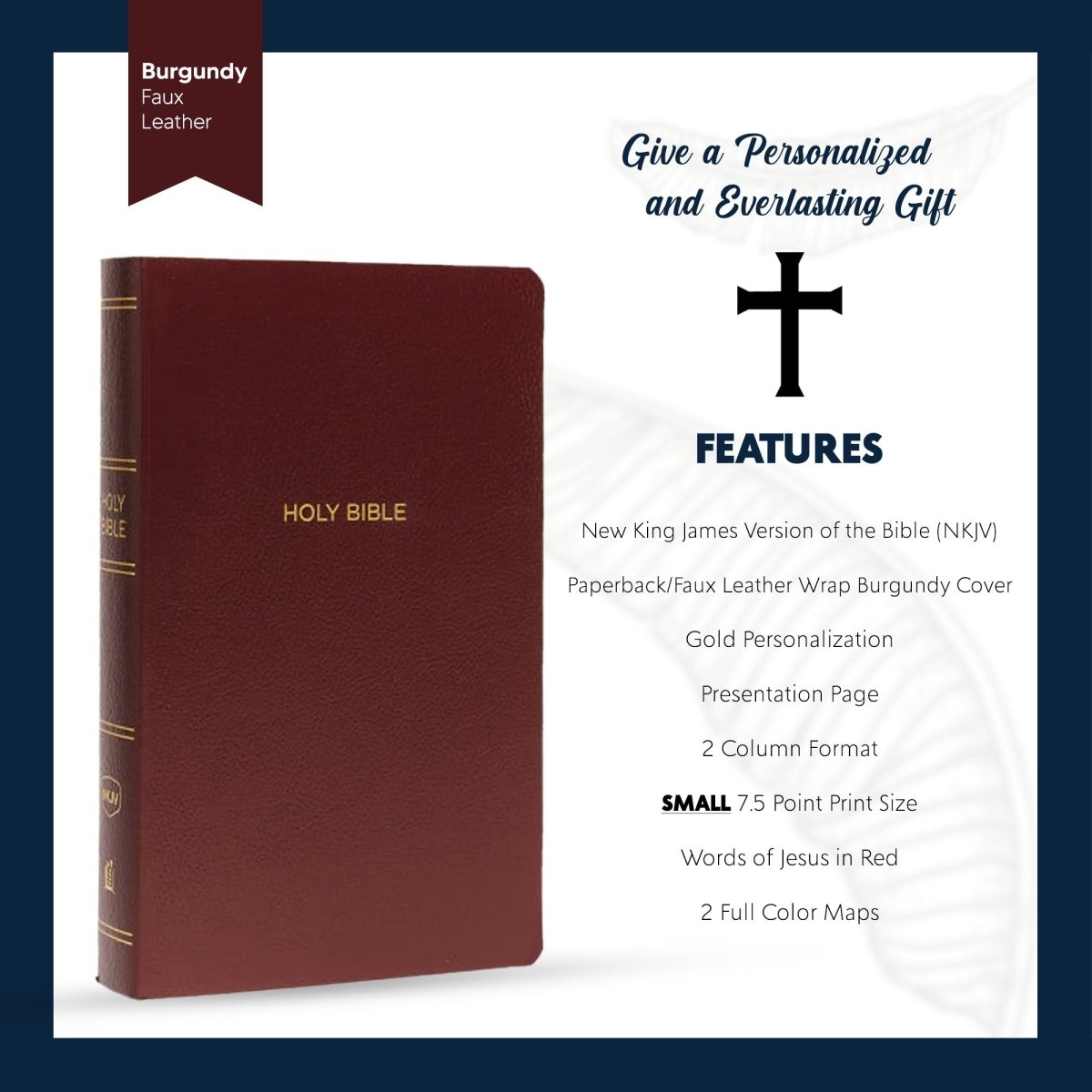 Personalized NKJV Bible New King James Version Faux Leather Holy Bible with Custom Name Small Print with Red - Highlighted Verses Burgundy | Shepherds Shelf - Shepherds Shelf