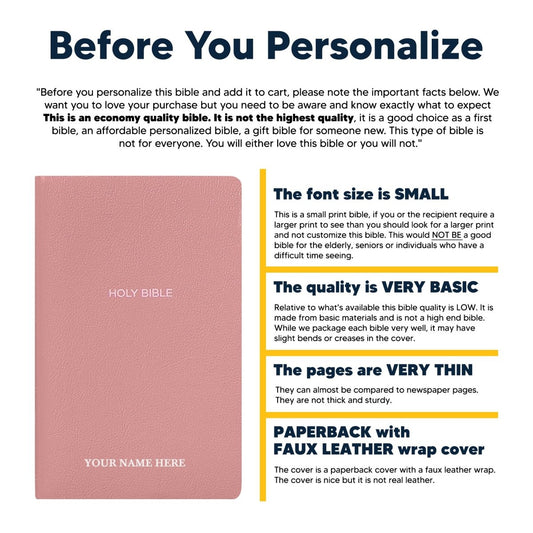 Personalized NKJV Bible New King James Version Faux Leather Holy Bible with Custom Name Small Print with Red - Highlighted Verses Pink | Shepherds Shelf - Shepherds Shelf